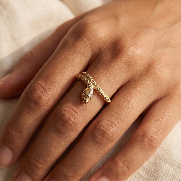 Diamond-Eyed Coiled Snake Ring in 18K Yellow Gold, worn