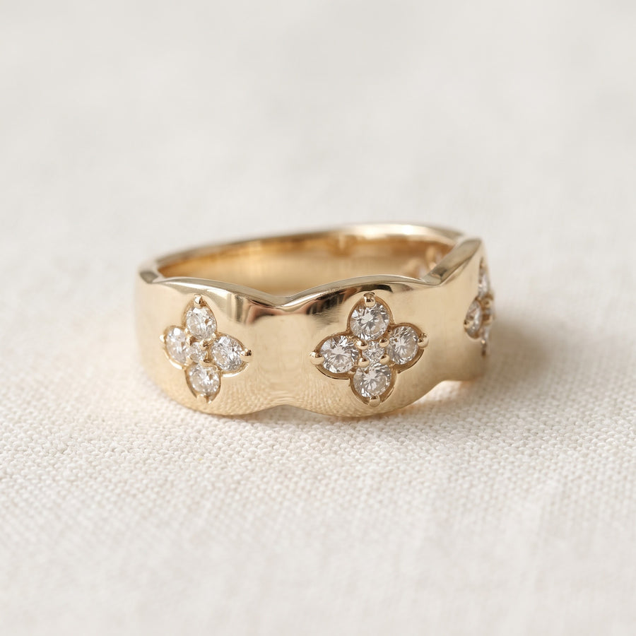 Diamond Floral Motif Band Ring in Yellow Gold