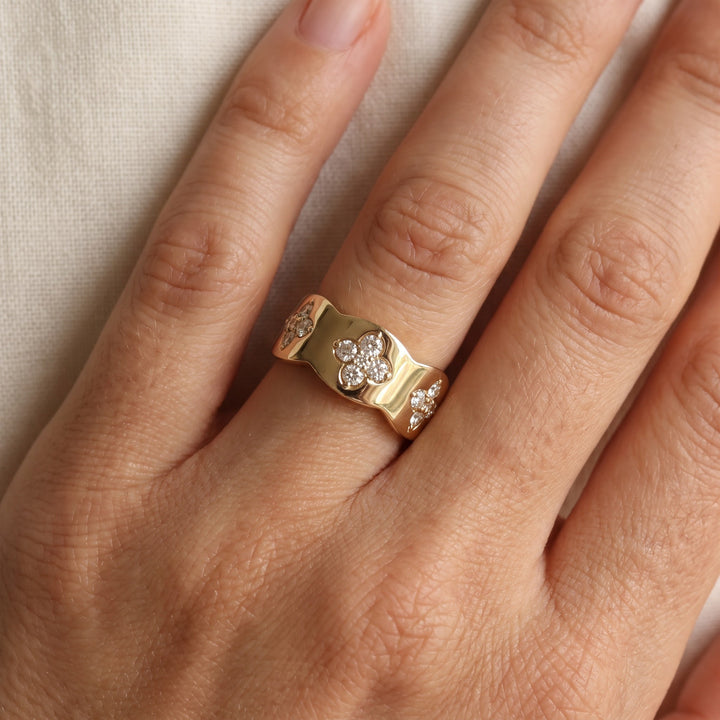 0.61 ct Diamond Floral Motif Band Ring in 14K Yellow Gold, worn