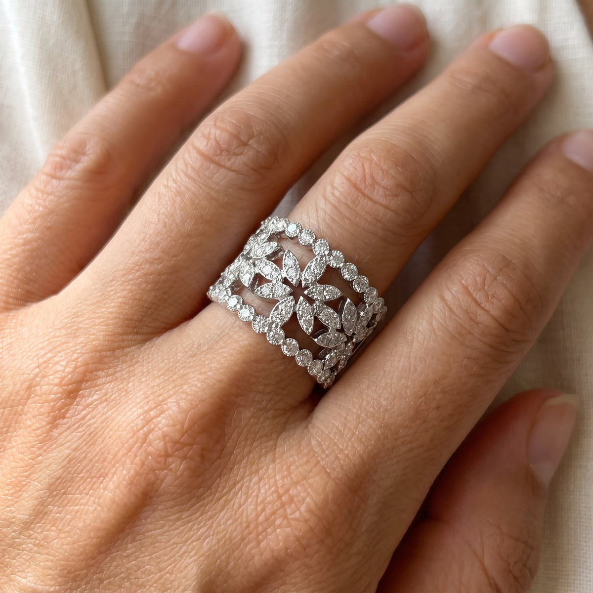 Diamond Floral Motif Wide Cocktail Ring in White Gold, worn