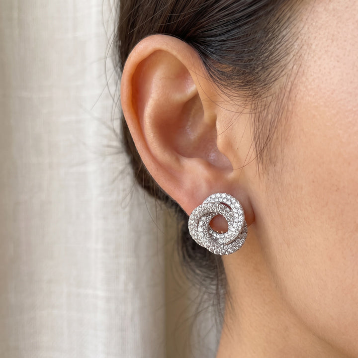 3.11 ct Diamond Knot Cluster Earrings in 14K White Gold, worn