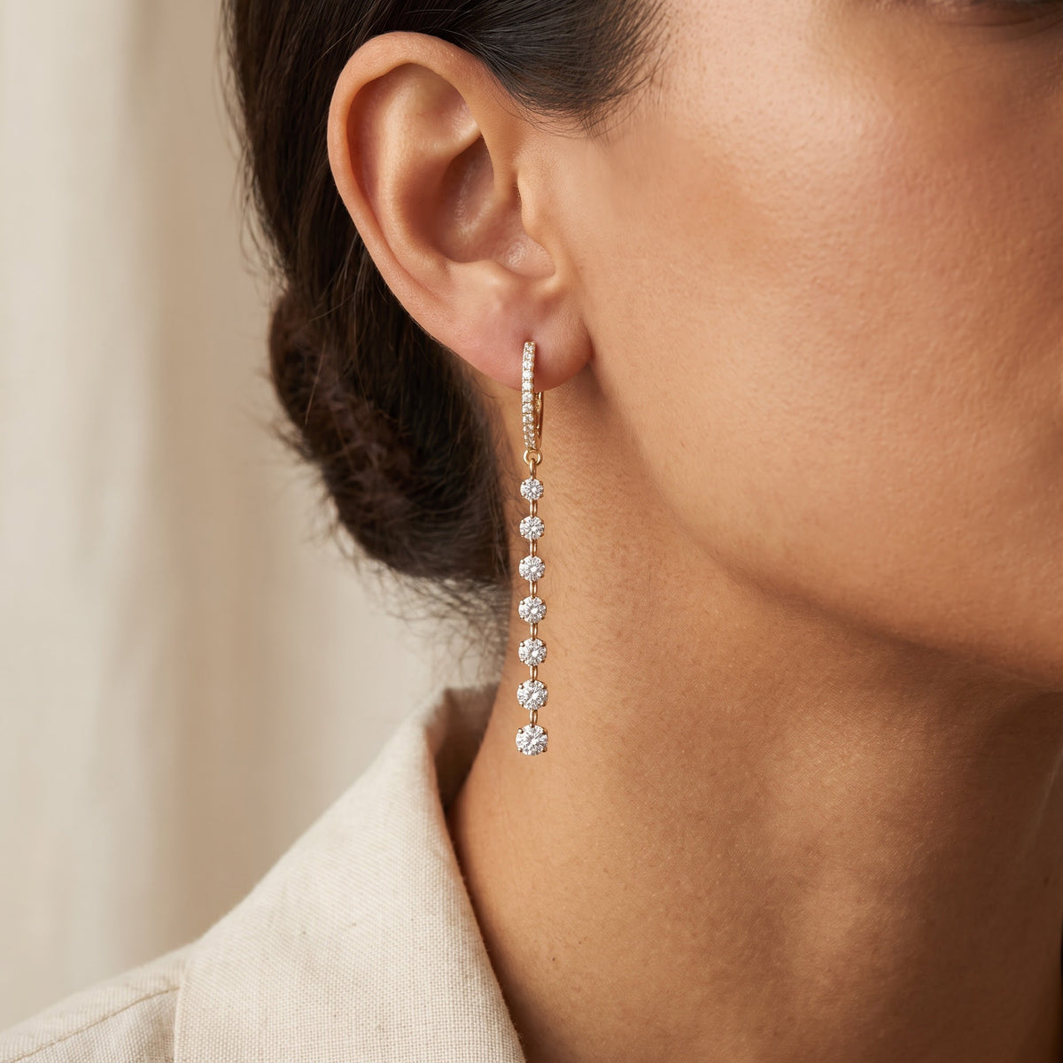 Diamond Linear Drop Earrings in Yellow Gold, worn