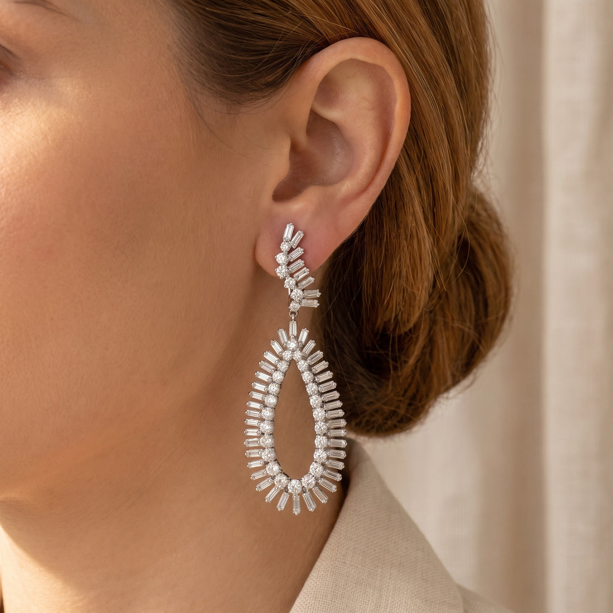 Diamond Open Teardrop Fringe Drop Earrings in 14K White Gold, worn