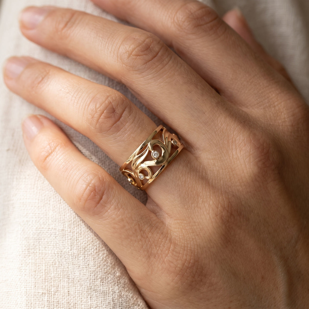 Diamond Openwork Scroll Band Ring in 14K Yellow Gold, worn