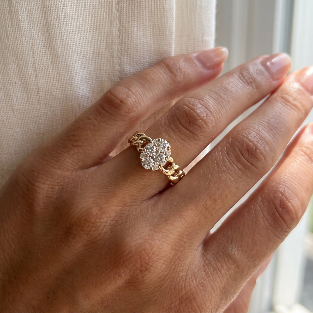 Diamond Oval Cluster Chain Link Ring in Yellow Gold, worn