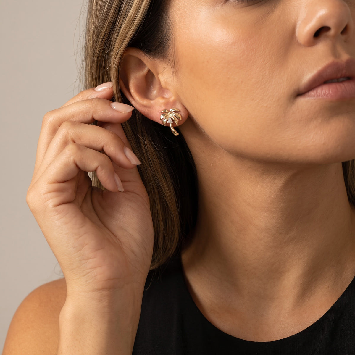 Diamond Palm Tree Stud Earrings in Yellow Gold, worn, second view