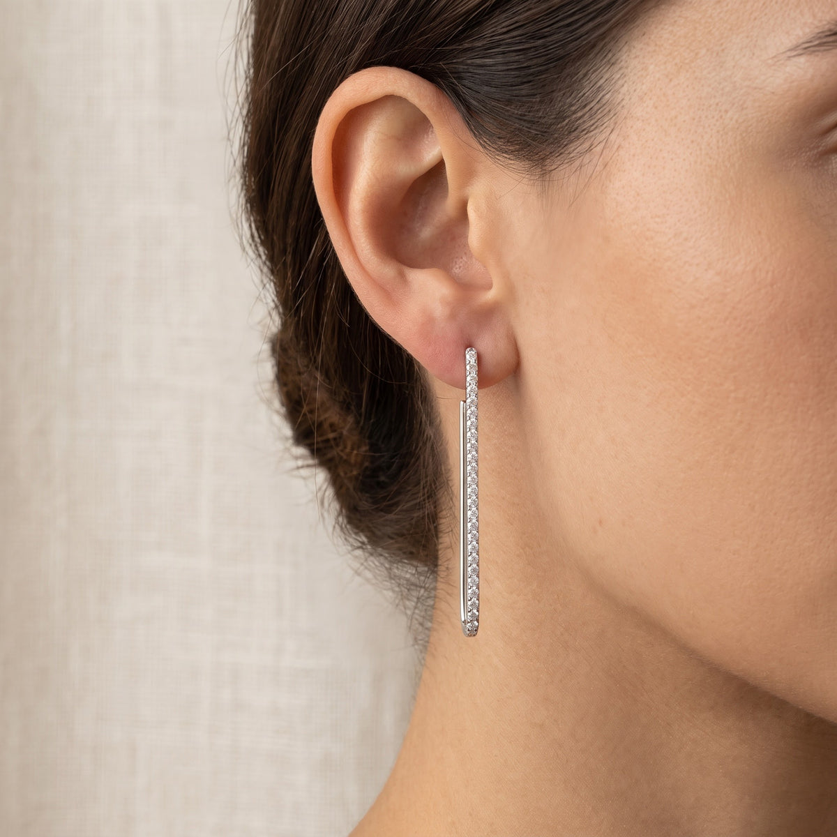 Diamond Pavé Bar Drop Earrings in 18K White Gold, worn