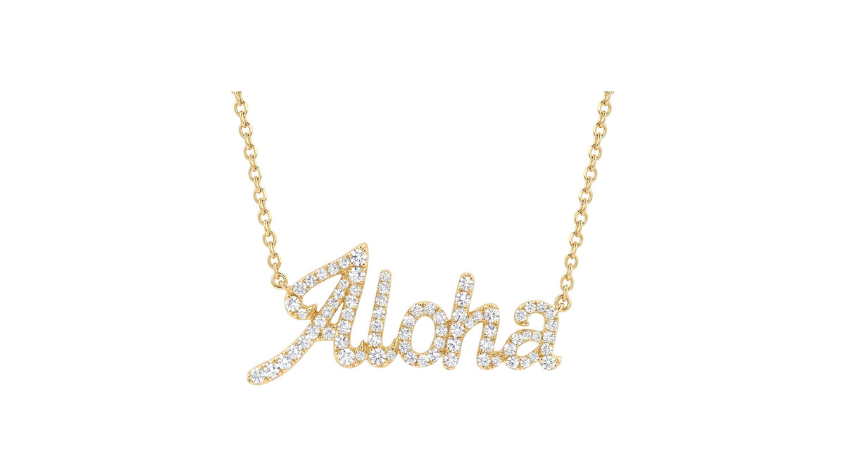 Diamond Pave Aloha Script Necklace in 14K Yellow Gold, studio