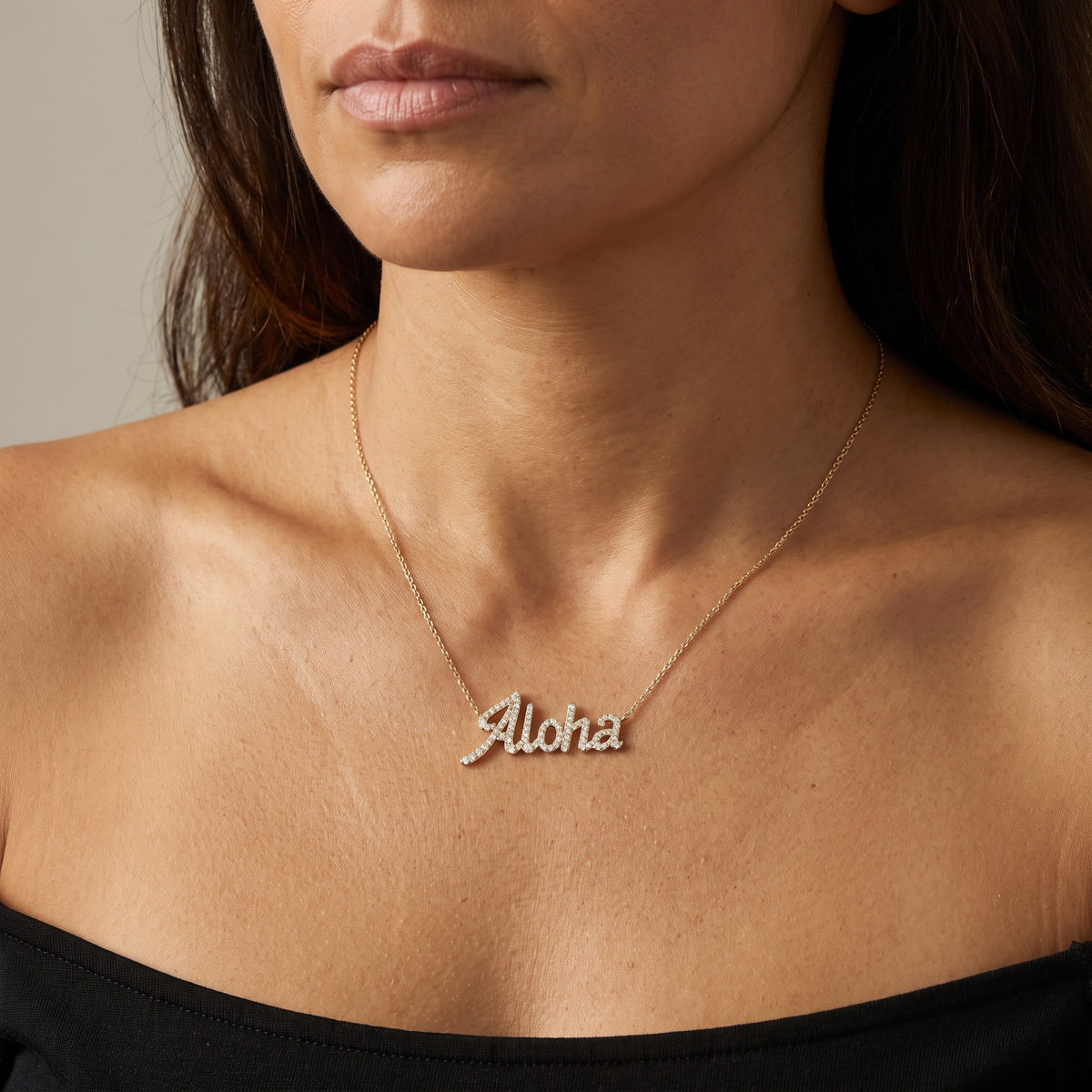 Diamond Pave Aloha Script Necklace in Yellow Gold, worn, second view