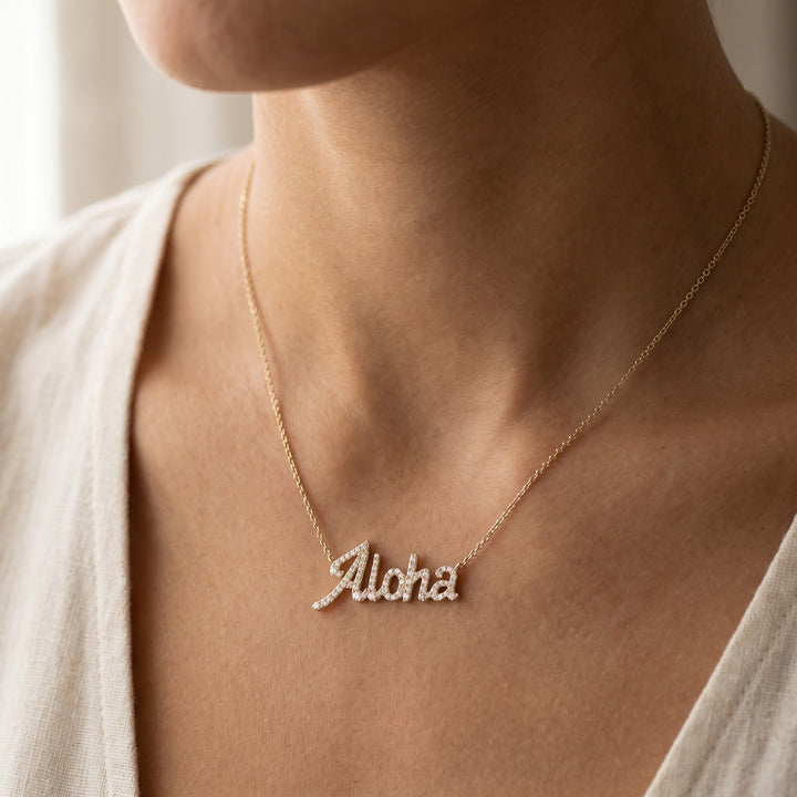 0.50 ct Diamond Pavé Aloha Script Necklace in 14K Yellow Gold, worn