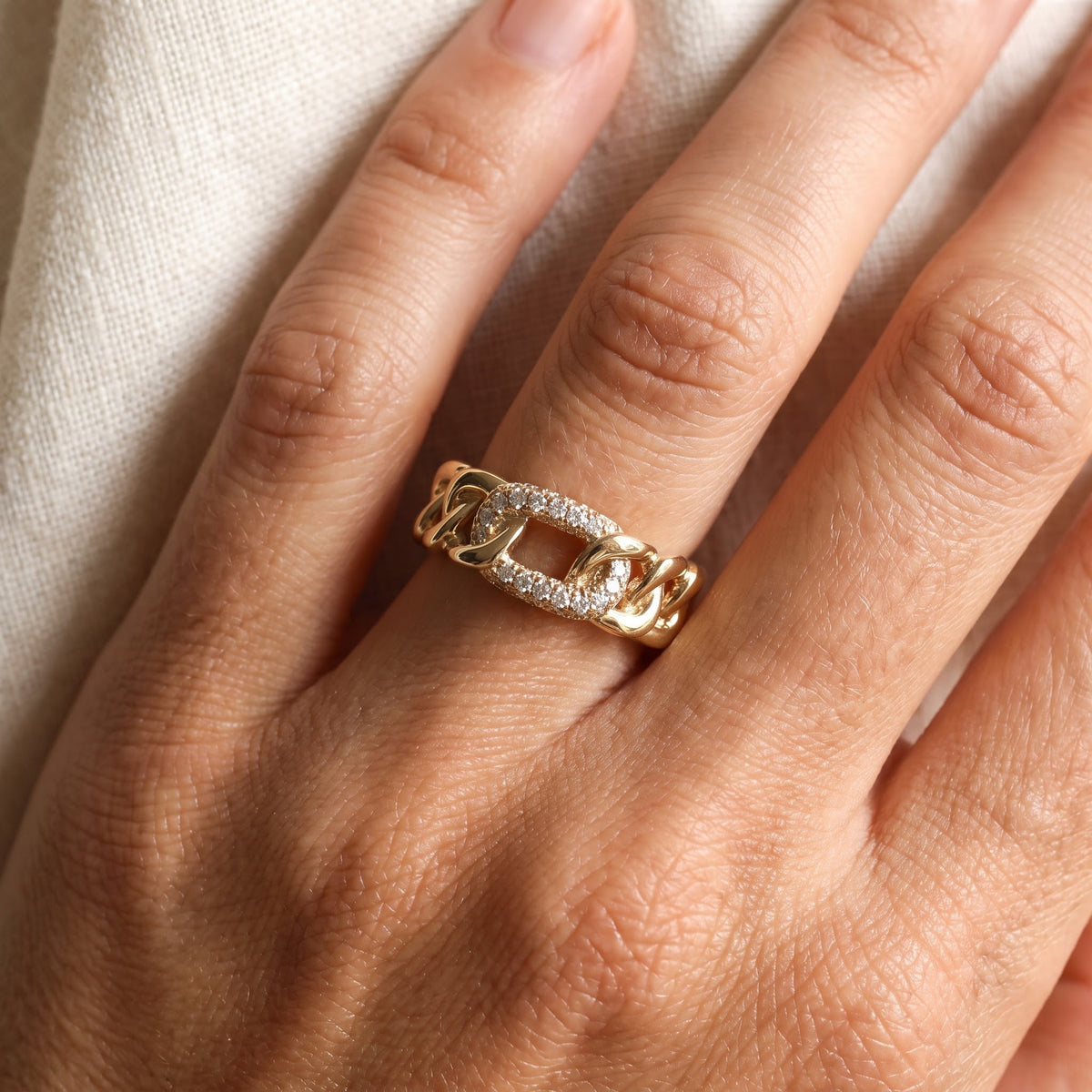 Diamond Pave Chain Link Band Ring in Yellow Gold, worn