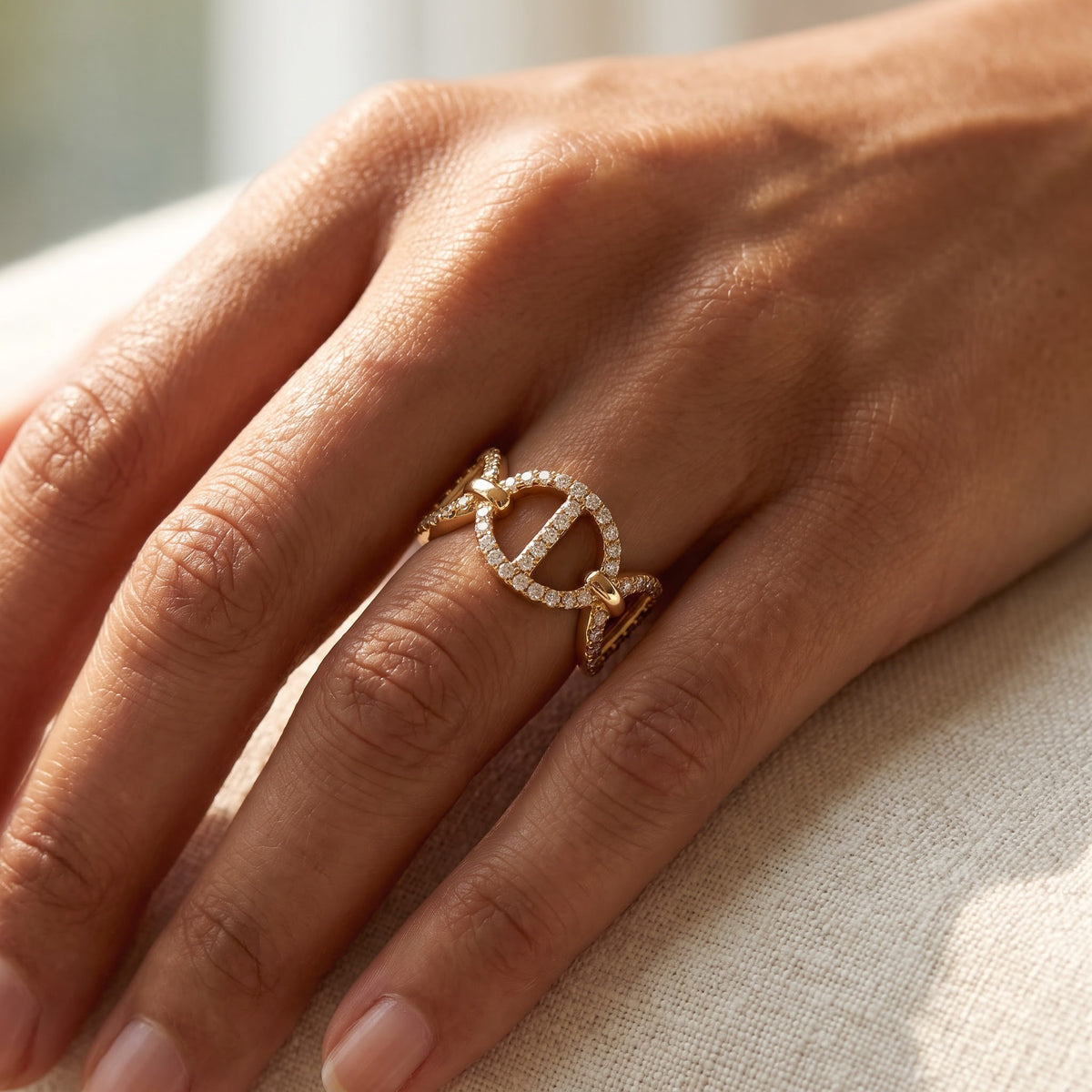 Diamond Pavé Horse Bit Band Ring in Yellow Gold, worn