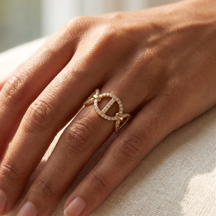 1.33 ct Diamond Pavé Horse Bit Band Ring in 14K Yellow Gold, worn