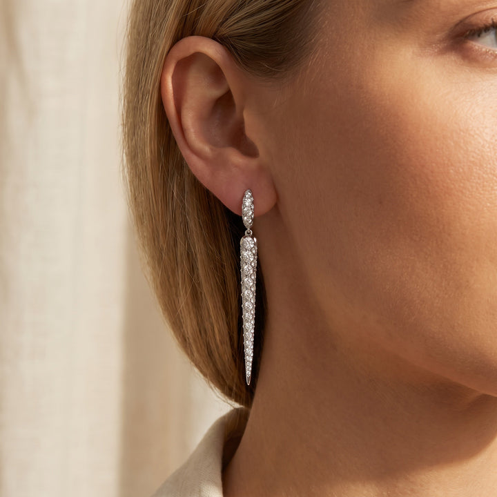 10.06 ct Diamond Pavé Spike Drop Earrings in 14K White Gold, worn
