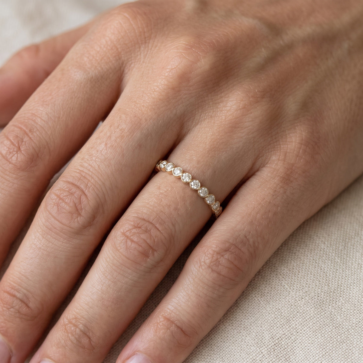 Diamond Scalloped Eternity Ring in 14K Yellow Gold, worn