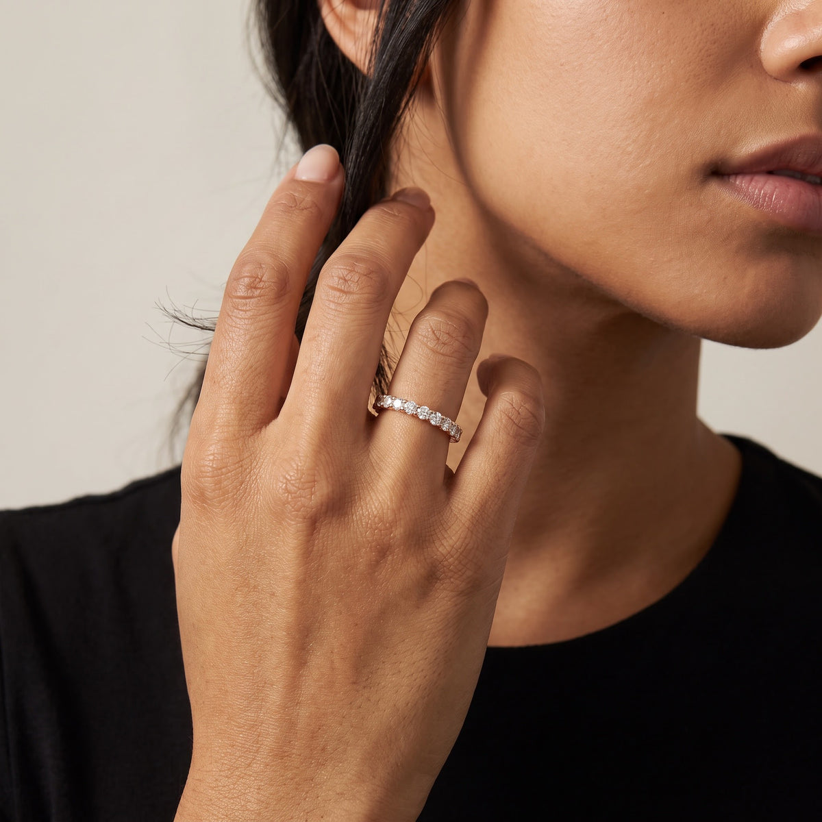 Diamond Shared Prong Band in Rose Gold, worn