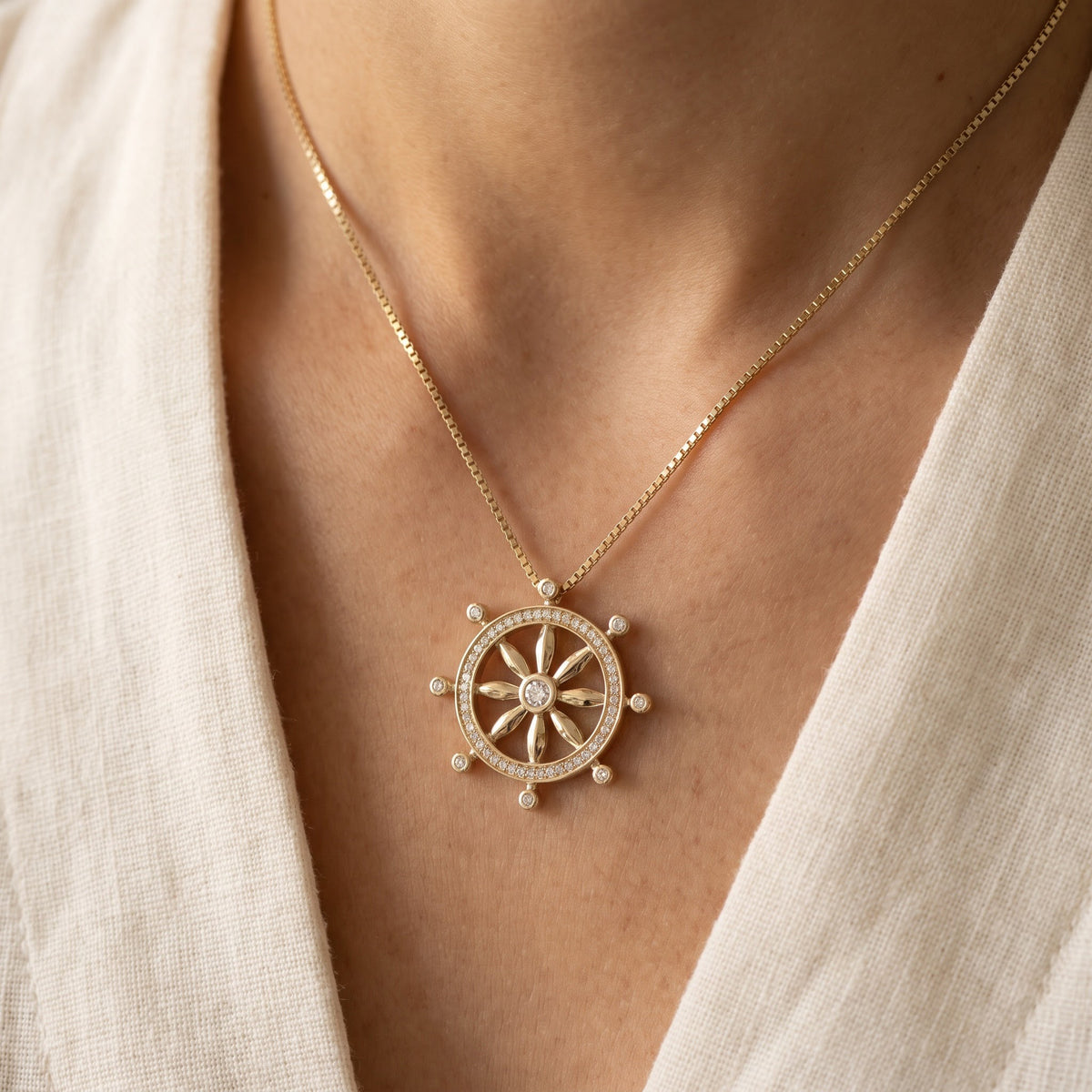 Diamond Ship's Wheel Pendant Necklace — Yellow Gold, worn