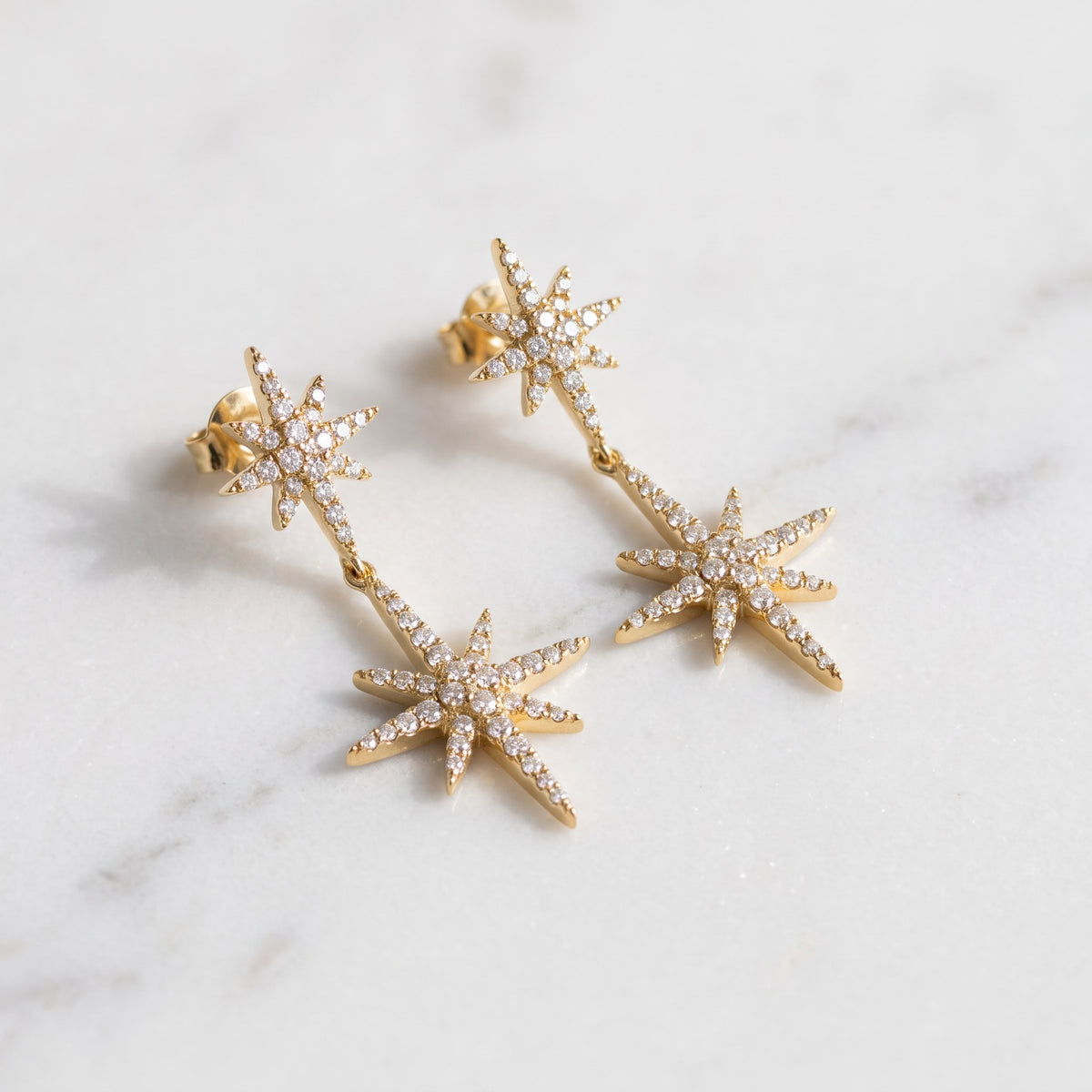 Diamond Starburst Drop Earrings in Yellow Gold