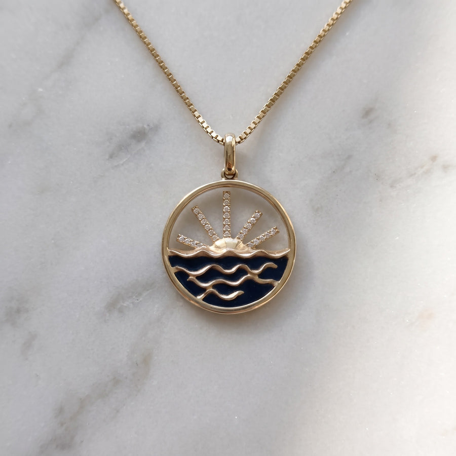 Diamond Sunburst and Wave Pendant Necklace in Yellow Gold