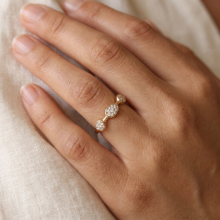 0.41 ct Diamond Three-Station Pavé Cluster Ring in 14K Yellow Gold, worn