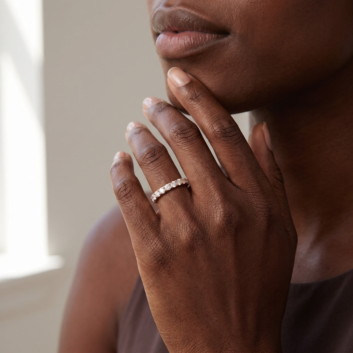 Diamond 'U' Set Band in Rose Gold, worn