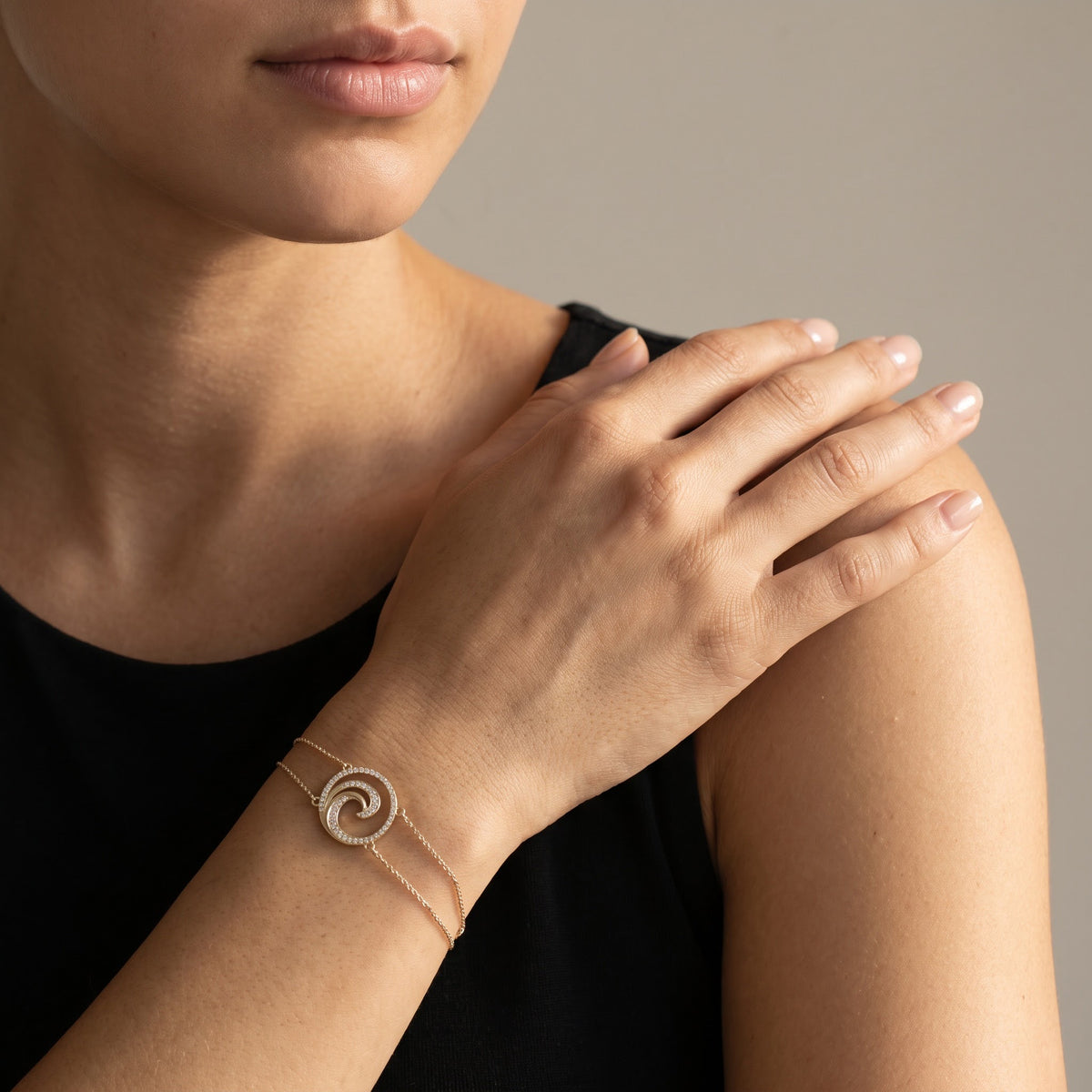 Diamond Wave Motif Chain Bracelet in Yellow Gold, worn, second view