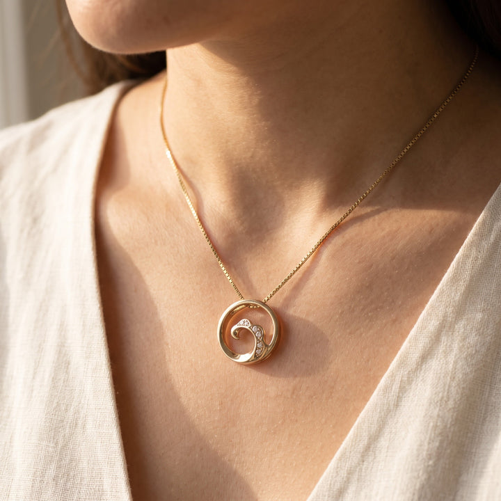 Diamond Wave Pendant Necklace in 14K Yellow Gold, worn