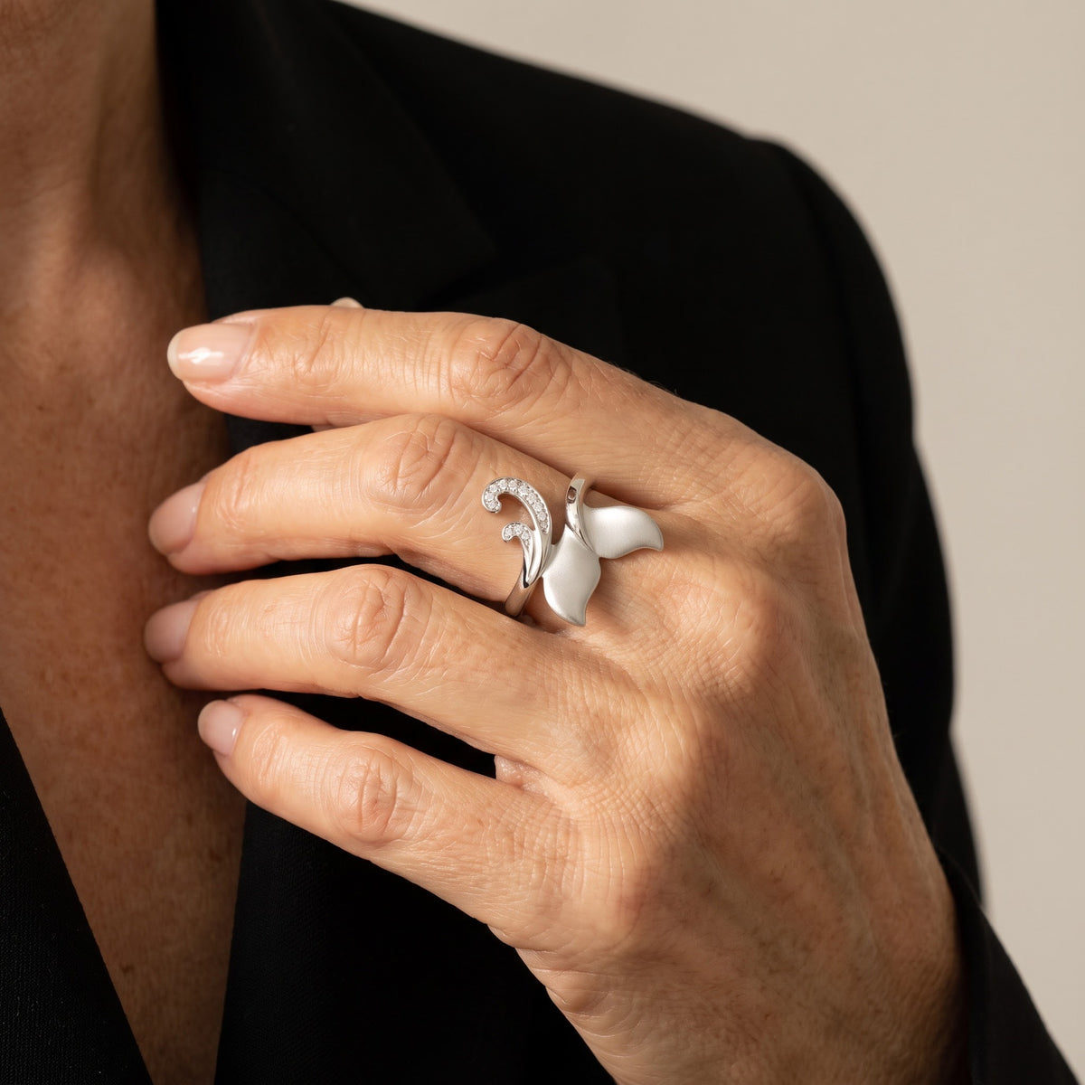 Diamond Whale Tail Cocktail Ring in White Gold, worn, second view