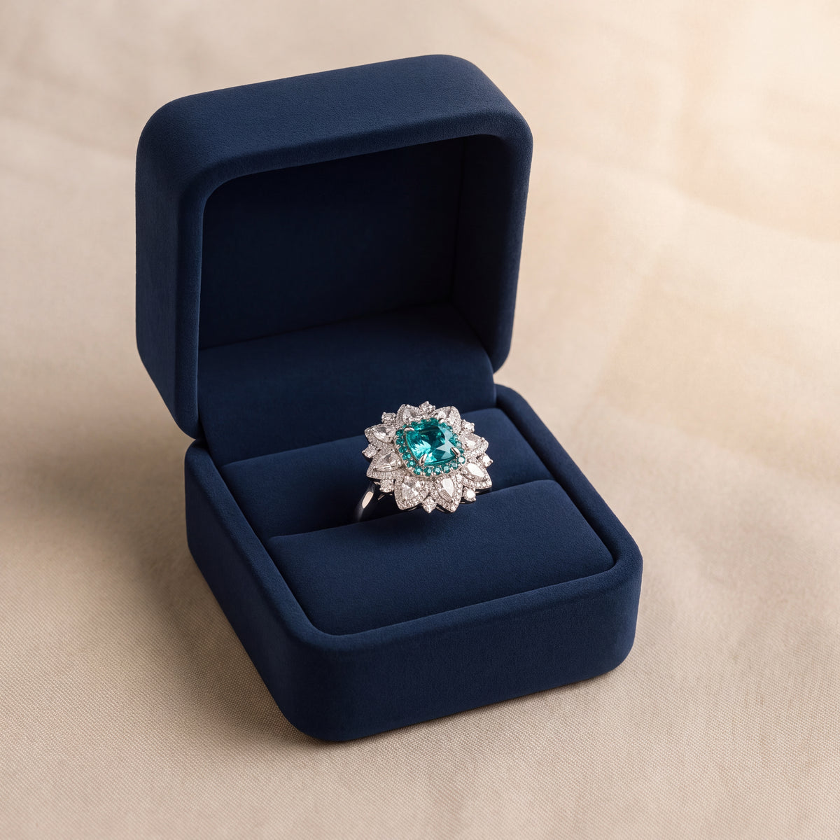 0.86 ct Paraiba Tourmaline and Diamond Floral Halo Cocktail Ring in 18K White Gold