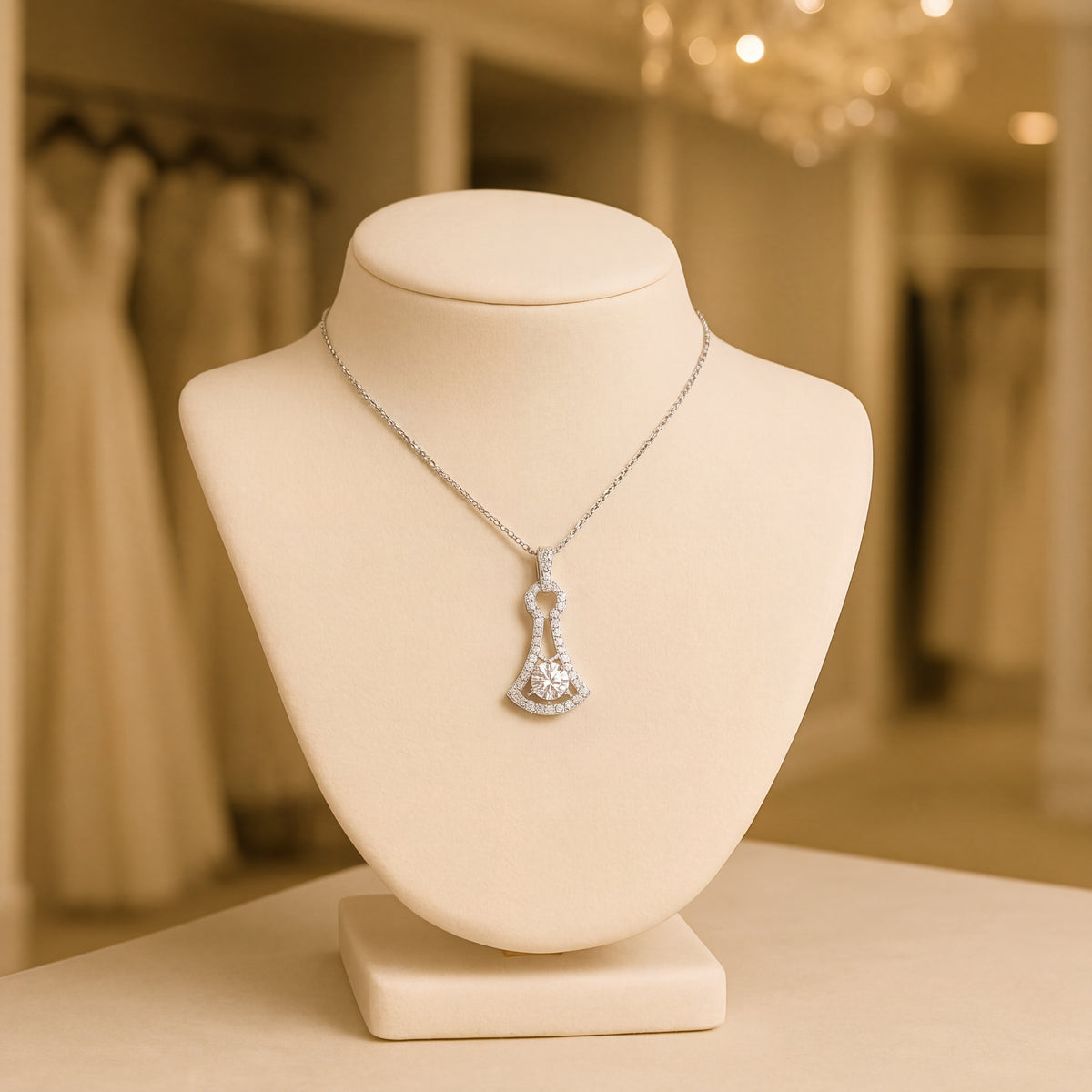 White gold flared openwork pendant with a round diamond center