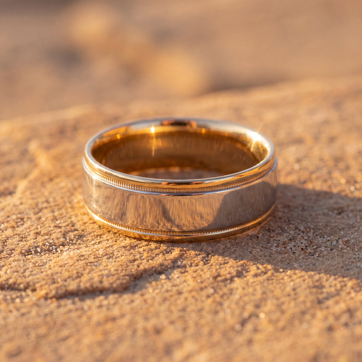 Two-tone wedding band, white gold center and milgrain rims