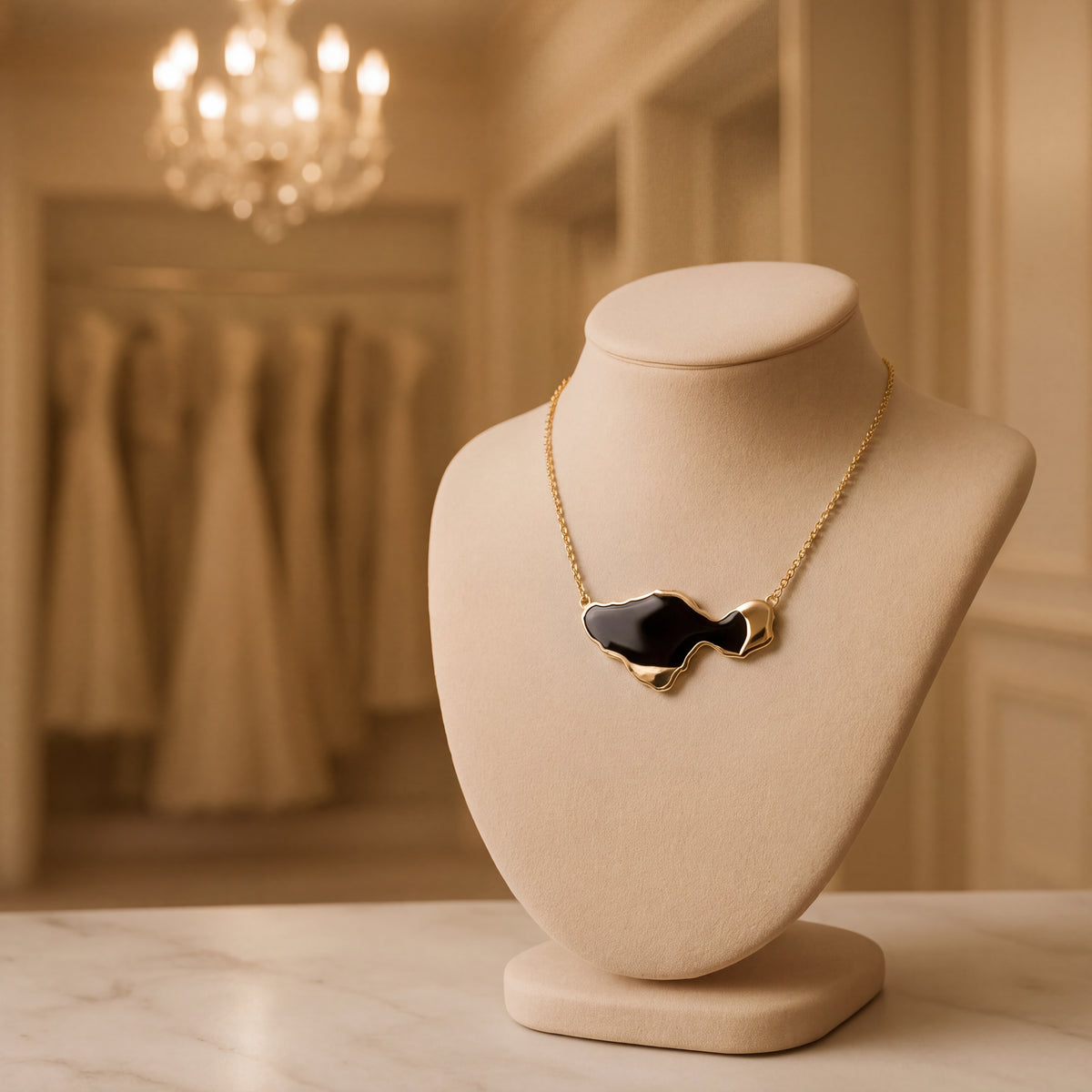 Freeform black onyx pendant framed in yellow gold