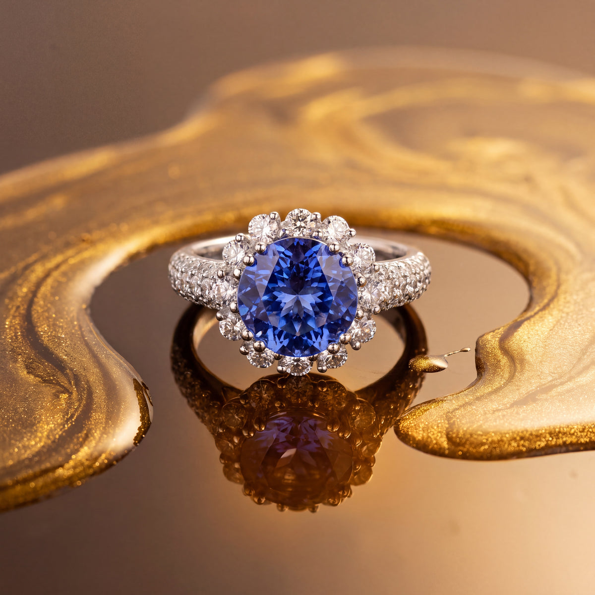 Round tanzanite in a scalloped halo on a multi-row pavé band