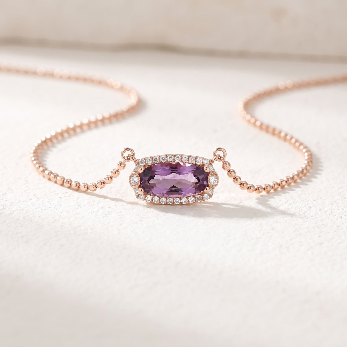 0.94 ct East-West Amethyst and Diamond Halo Beaded Necklace in 14K Rose Gold