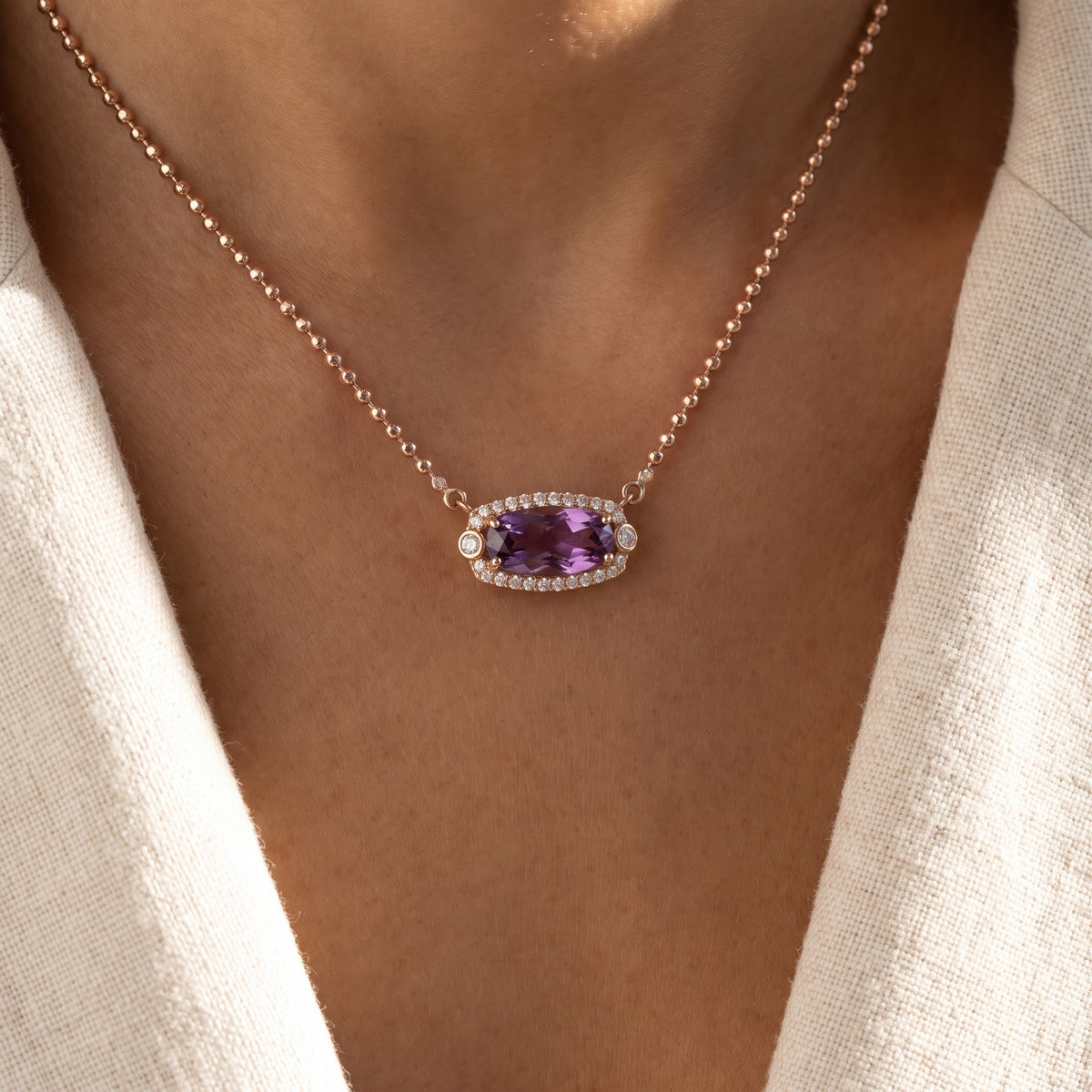 East-West Amethyst Halo Beaded Necklace in Rose Gold, worn