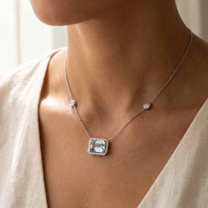 1.41 ct East-West Aquamarine and Diamond Halo Necklace in 14K White Gold, worn