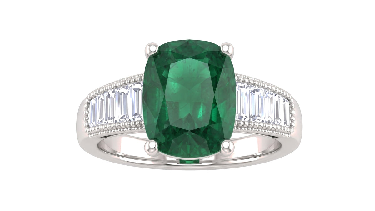 Emerald and Baguette Diamond Ring in 14K White Gold, studio