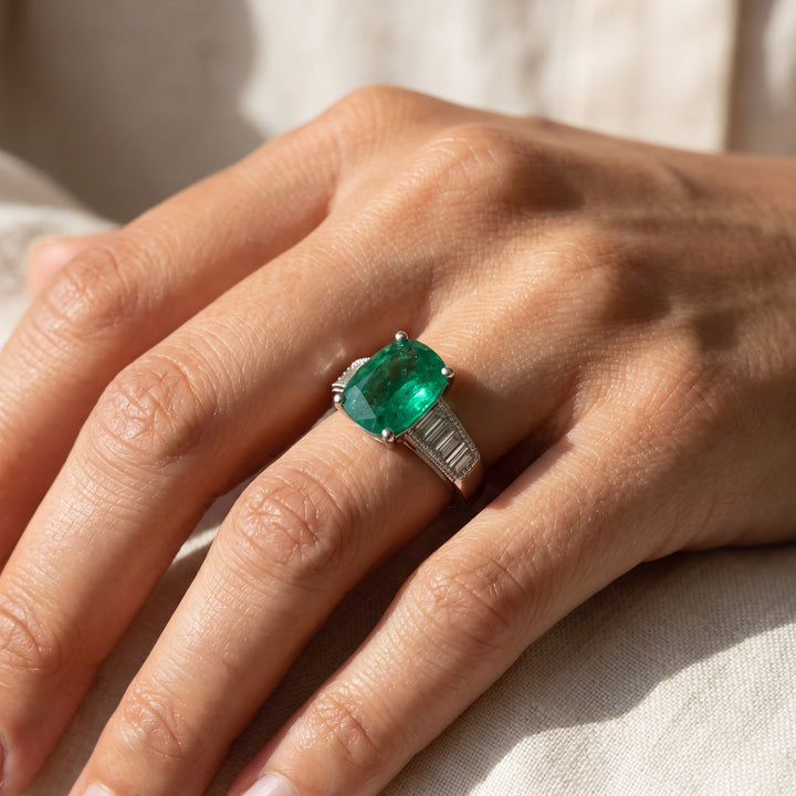 1.83 ct Emerald and Baguette Diamond Ring in 14K White Gold, worn