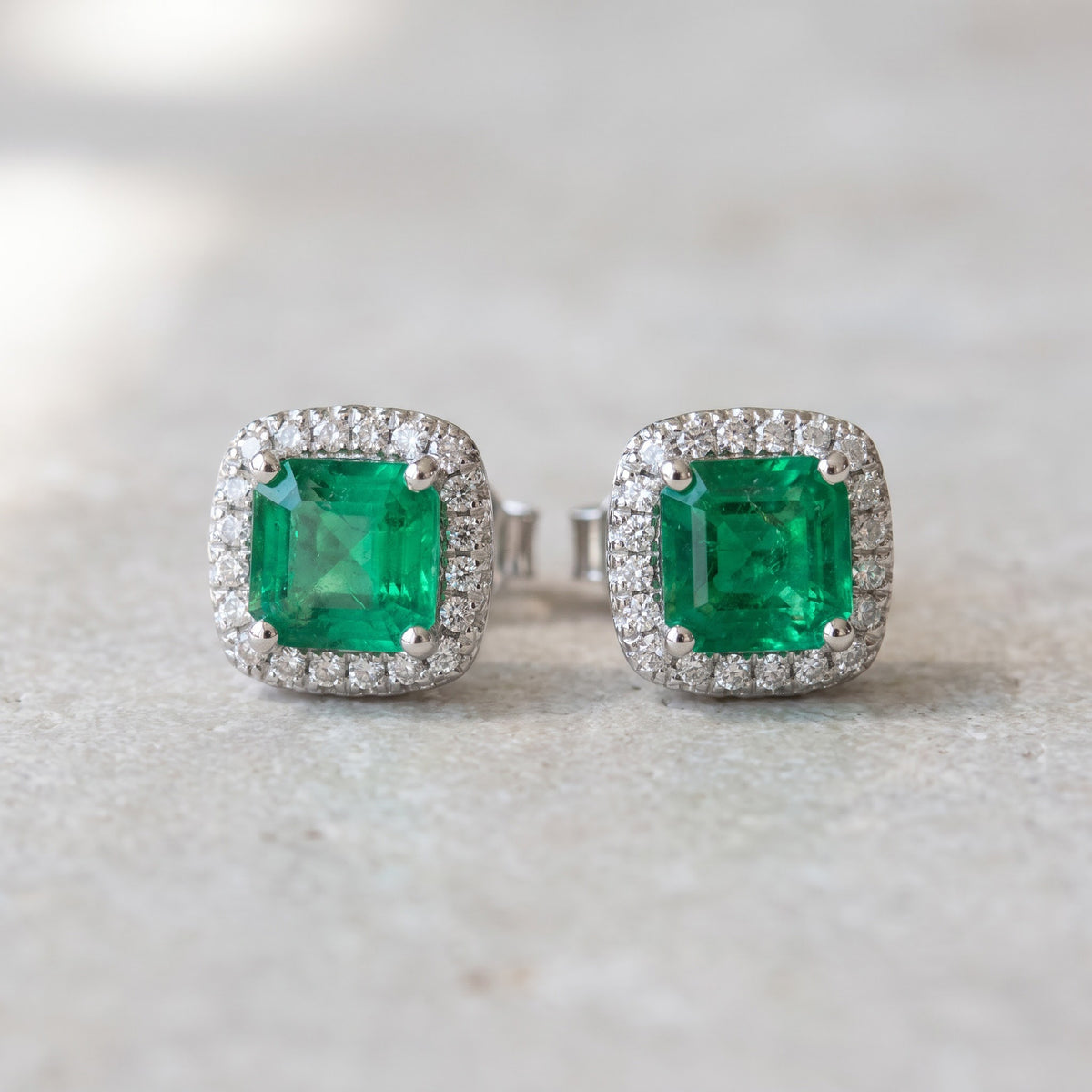 1.68 ct Emerald and Diamond Halo Stud Earrings in 14K White Gold