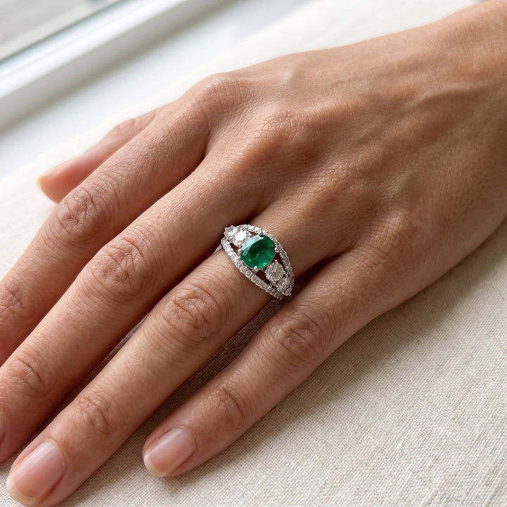 1.03 ct Emerald and Diamond Ring in 14K White Gold, worn