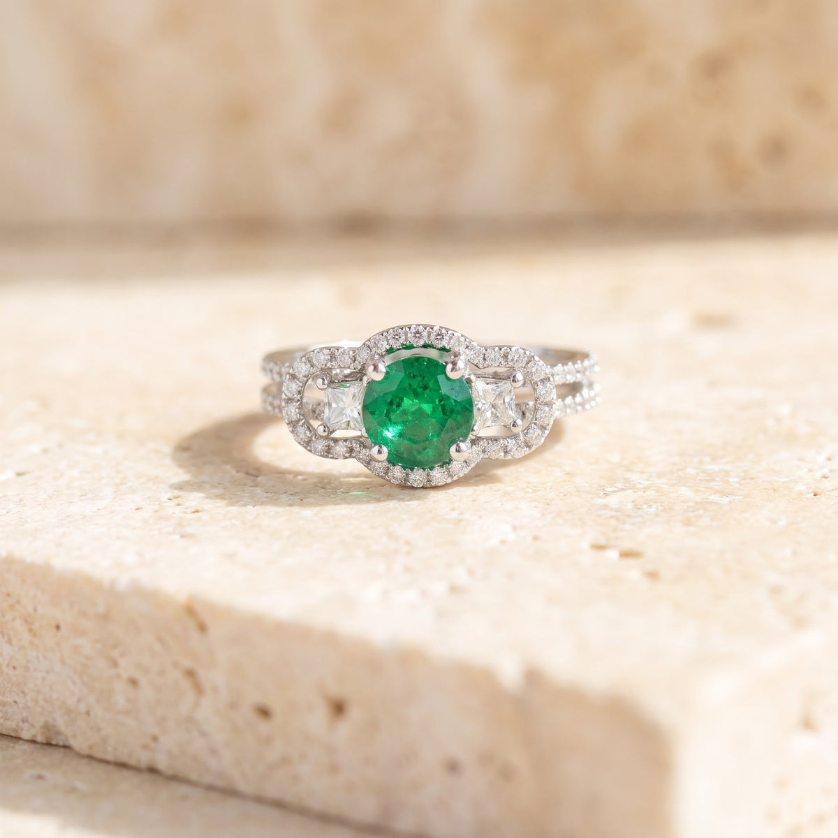 1.05 ct Emerald Cocktail Ring with Diamond Halo in 18K White Gold