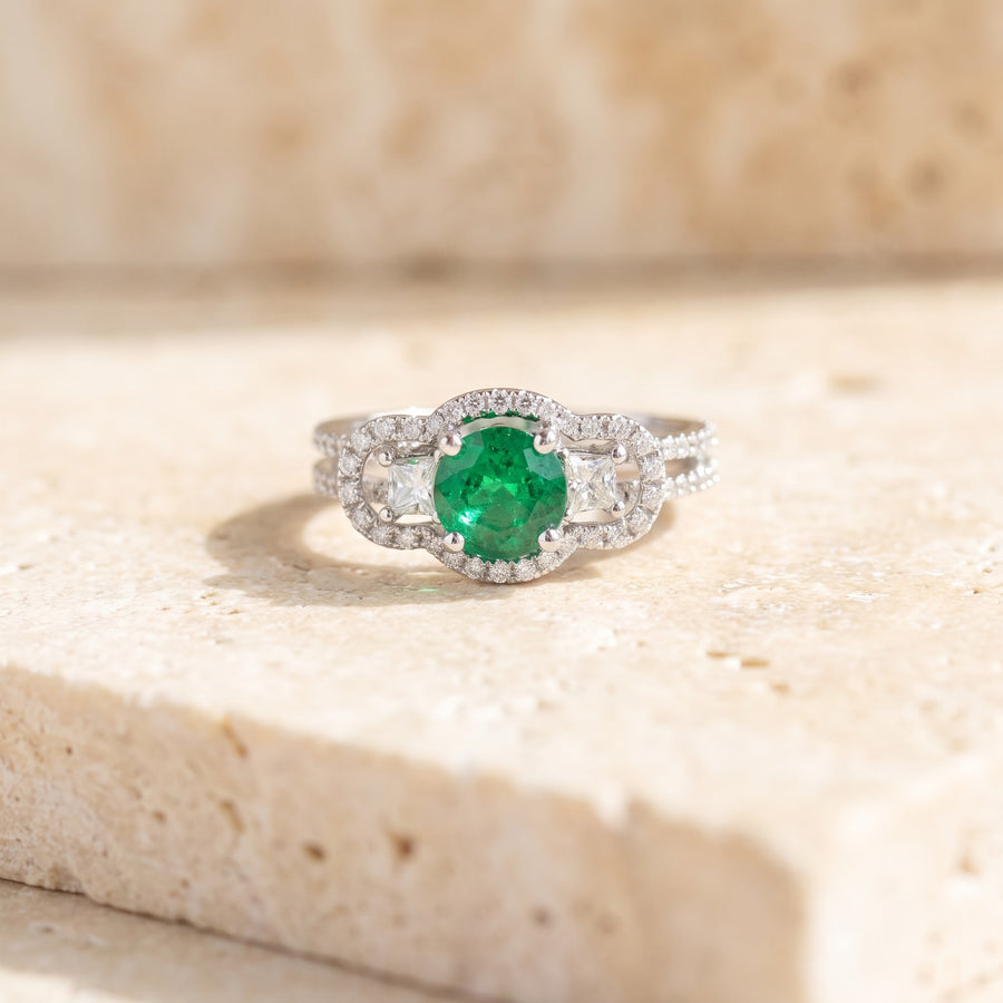 Emerald Cocktail Ring with Diamond Halo in 18K White Gold