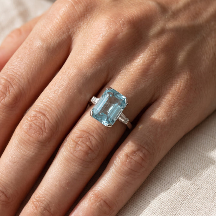 5.00 ct Emerald Cut Aquamarine and Diamond Three-Stone Ring in 14K White Gold, worn