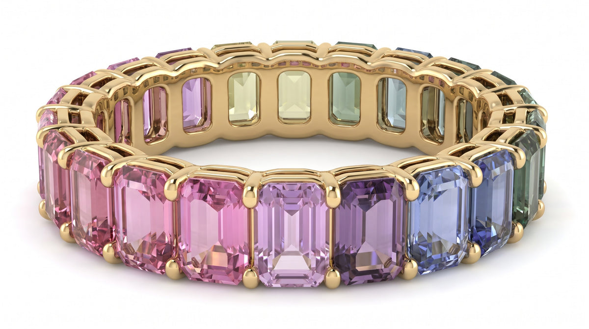 Emerald-Cut Multi-Color Sapphire Eternity Ring in 14K Yellow Gold