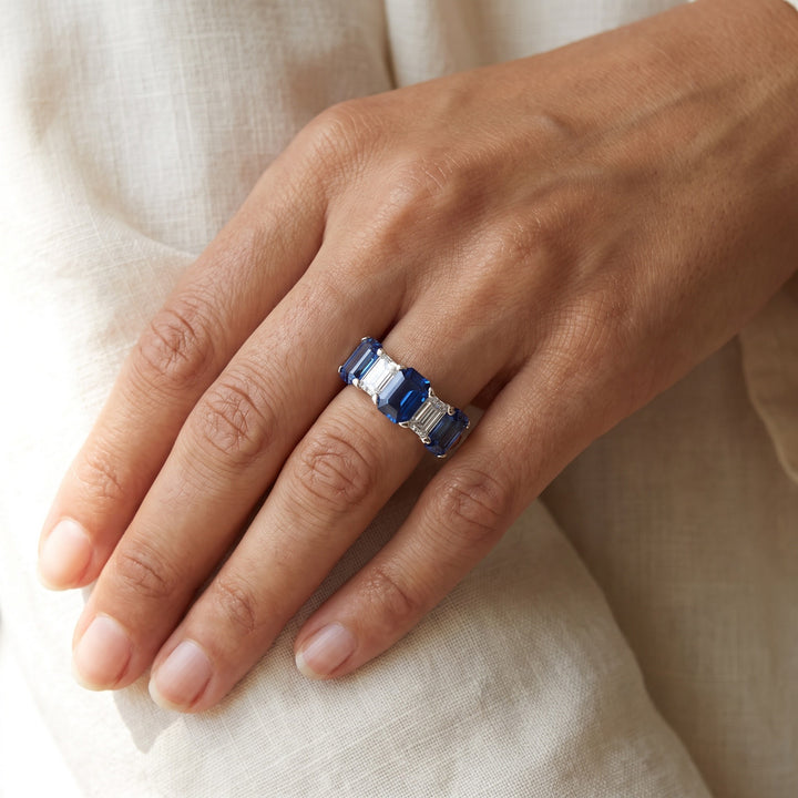 2.50 ct Emerald-Cut Royal Blue Sapphire and Diamond Five-Stone Ring in 14K White Gold, worn