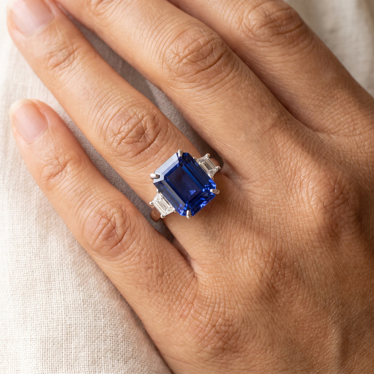 Emerald-Cut Tanzanite Multi-Stone Ring in White Gold, worn