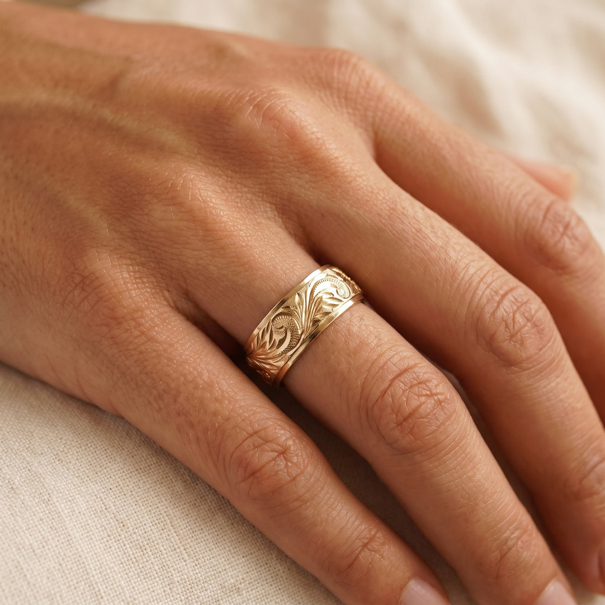Engraved Floral Band Ring in 14K Yellow Gold, worn