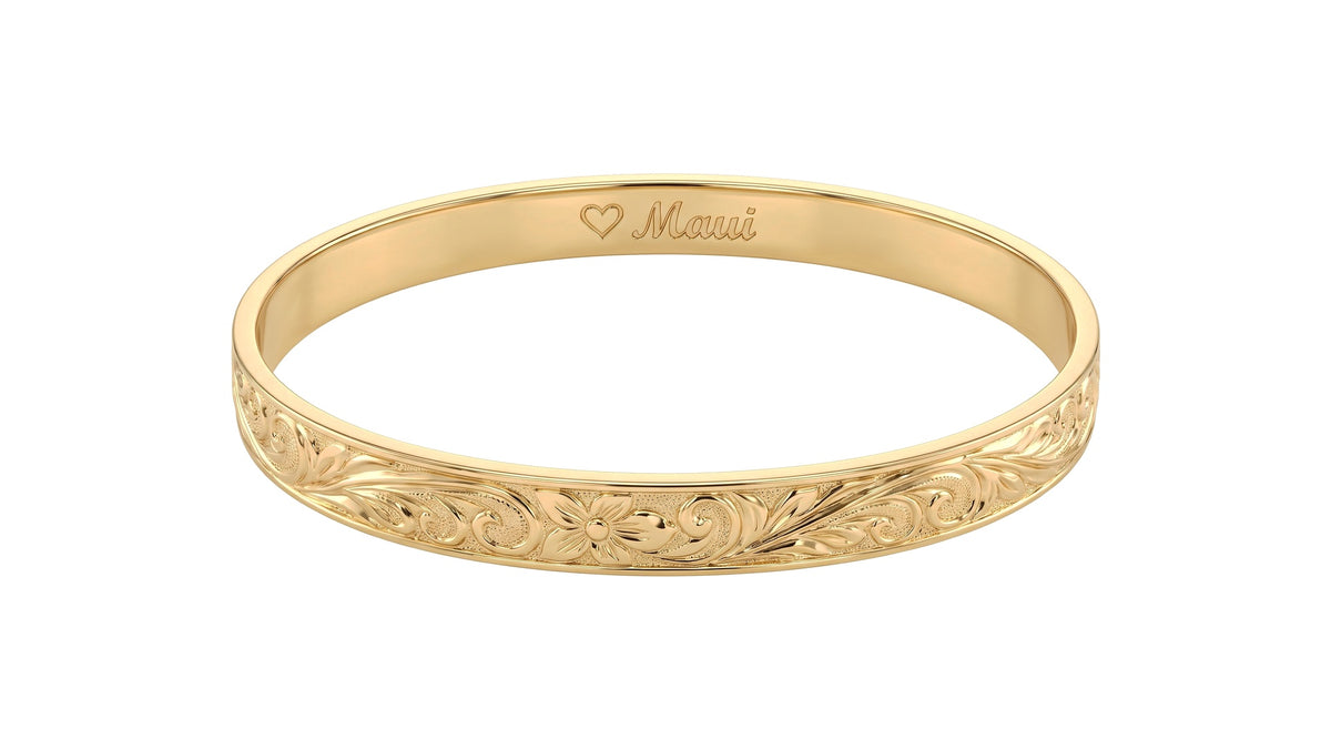 Engraved Floral Bangle Bracelet in 14K Yellow Gold, studio