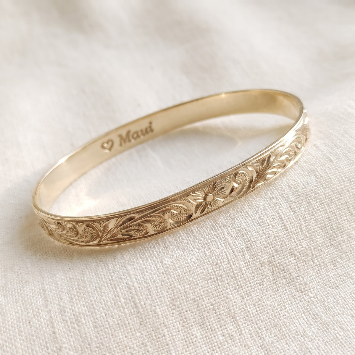 Engraved Floral Yellow Gold Bangle Bracelet
