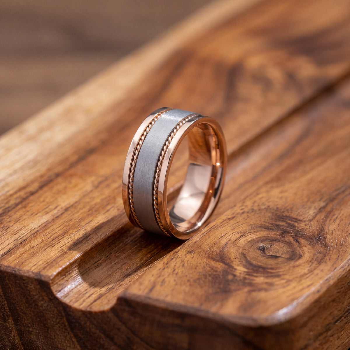 Two-Tone Band Ring with Rope Detailing in 14K Rose and White Gold